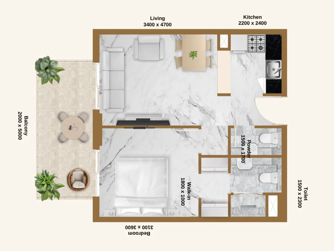 RR Residence 1 bed floor plan, 687 sqft