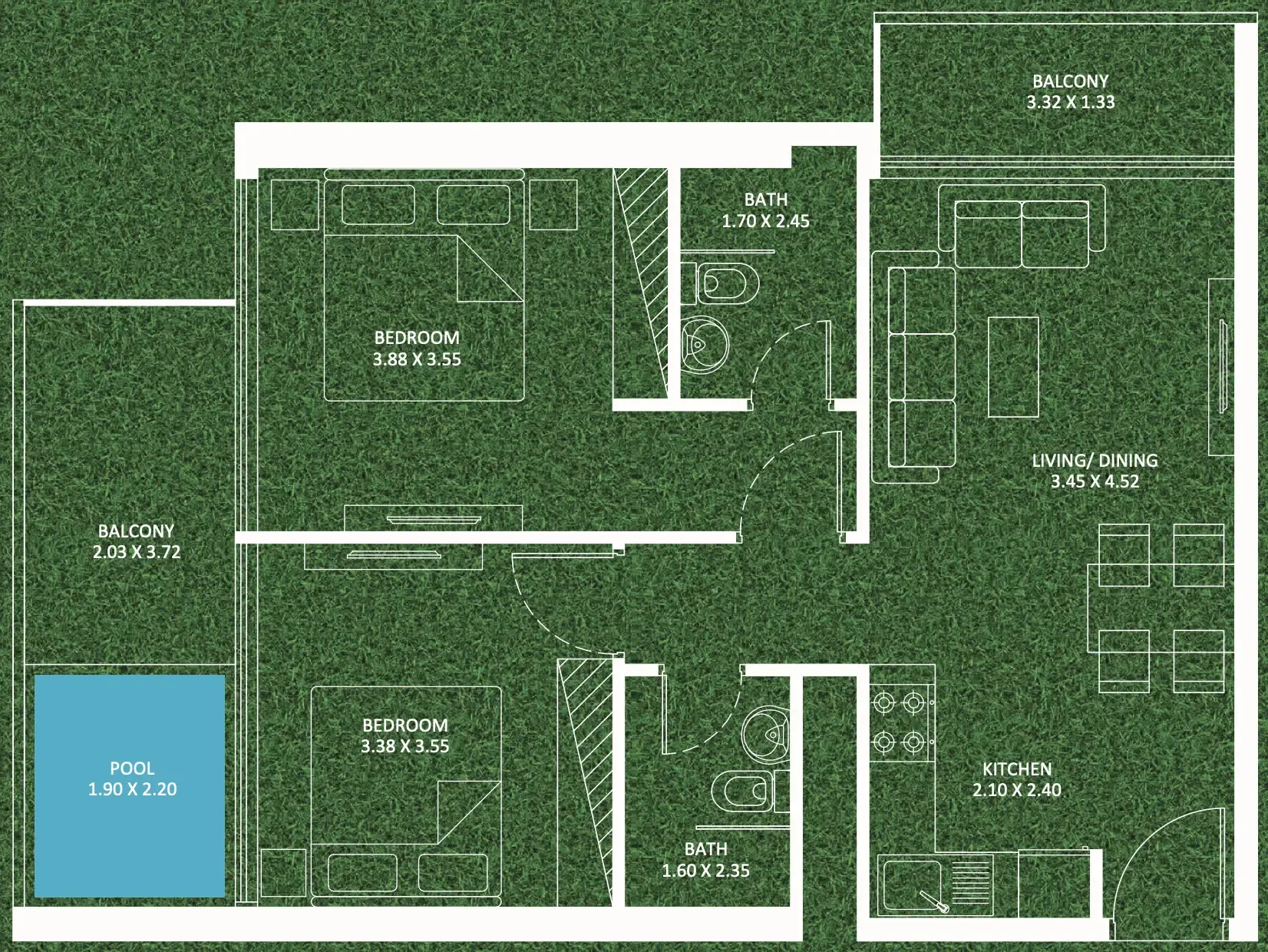 Sportz 2 bed floor plan, 841 sqft