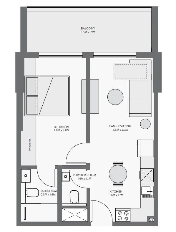 Equiti Gate 1 bed floor plan, 628 sqft