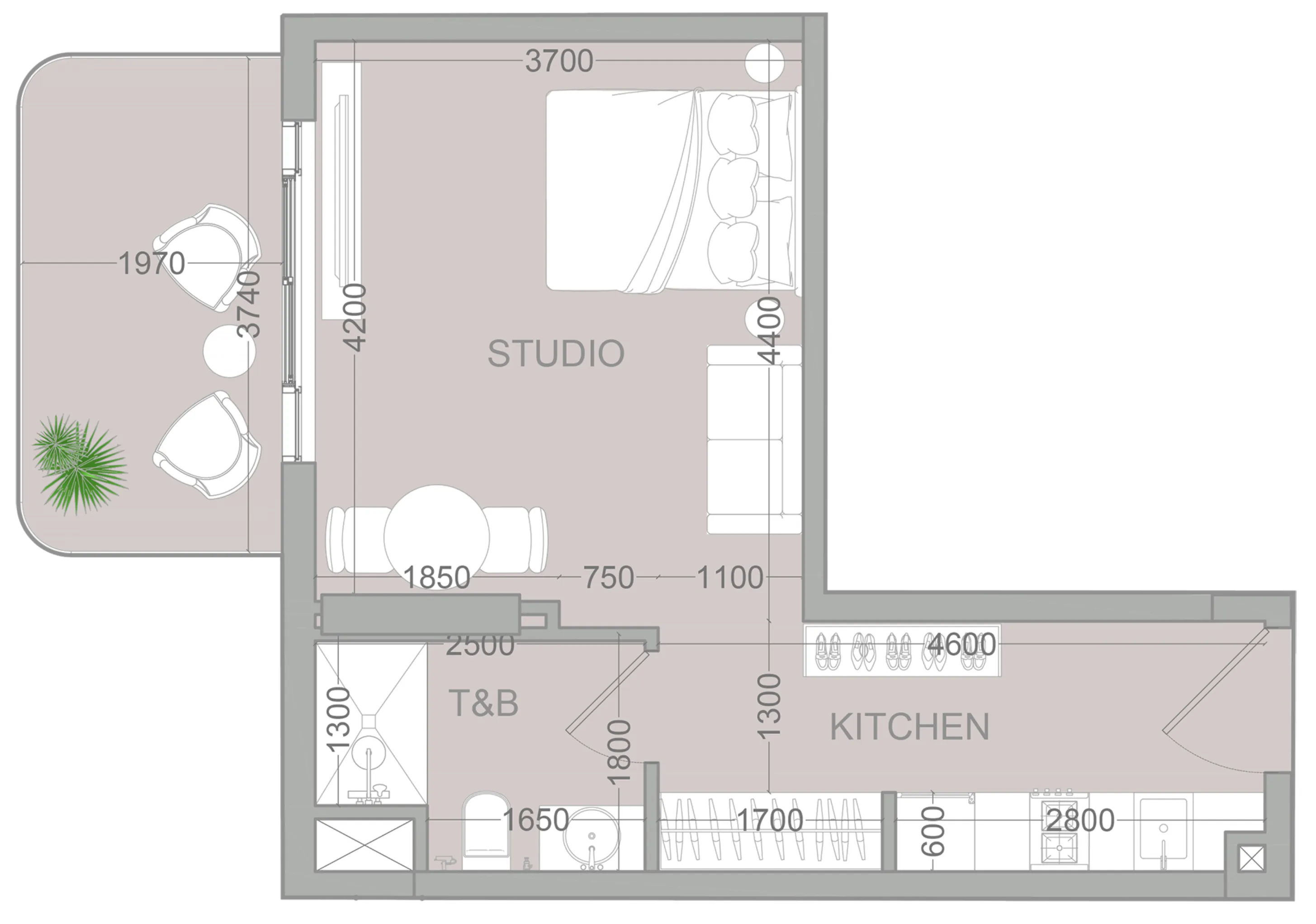 TETR1S Tower Studio floor plan, 443 sqft