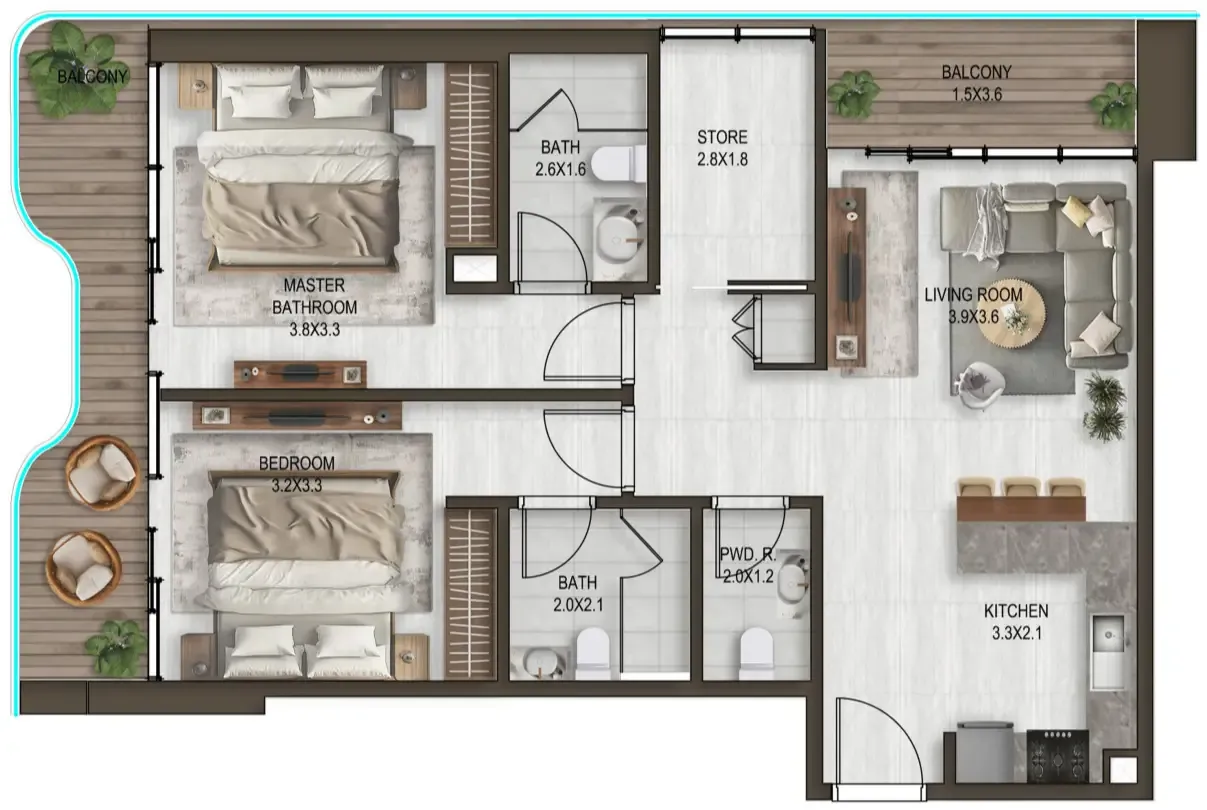 Noore 2 bed floor plan, 1,129 sqft