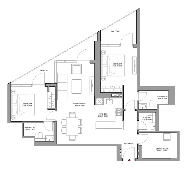 Skyvue Stellar 2 bed floor plan, 1,192 sqft