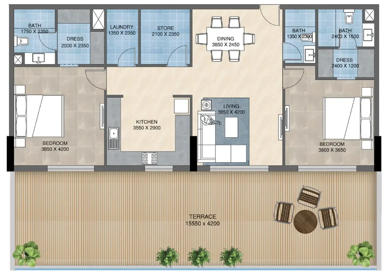 Sunbliss Residences 2 bed floor plan, 1,865 sqft