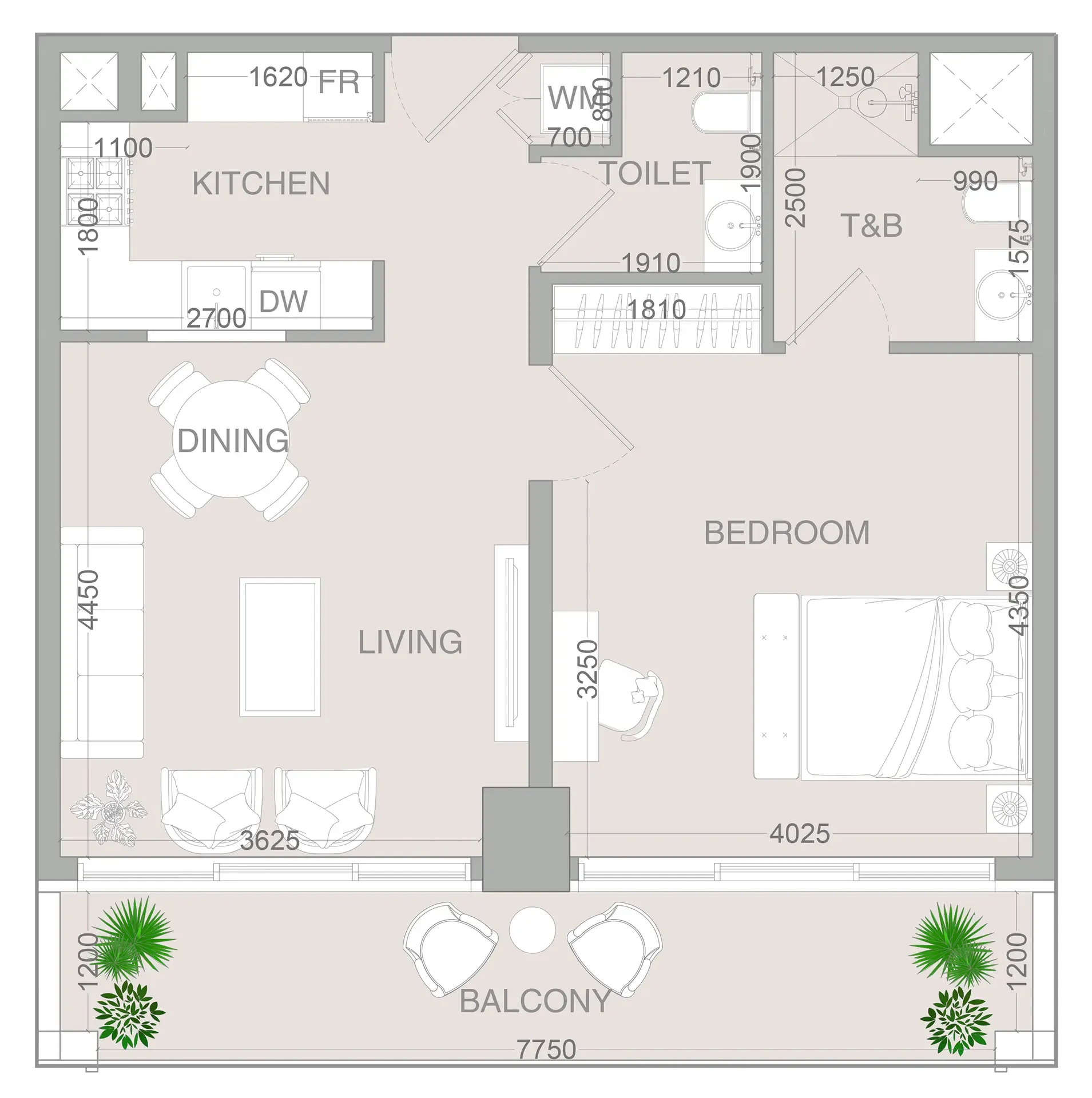 VERDAN1A 4 1 bed floor plan, 784 sqft