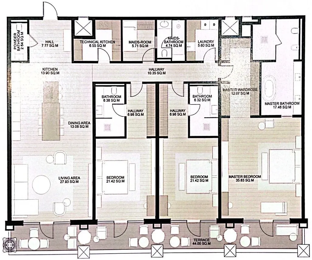 Raffles The Palm Dubai 3 bed floor plan, 3,337 sqft