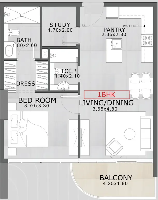 Floarea Skies 1 bed floor plan, 717 sqft
