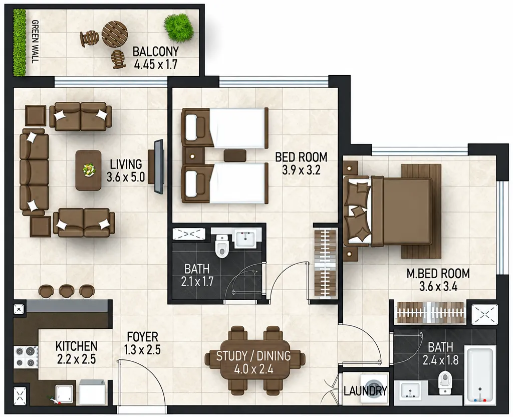 Maimoon Gardens 2 bed floor plan, 966 sqft