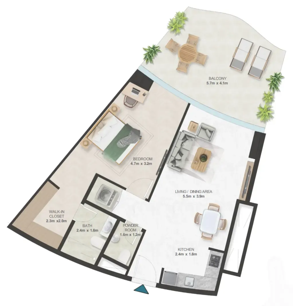 Oystra 1 bed floor plan, 957 sqft