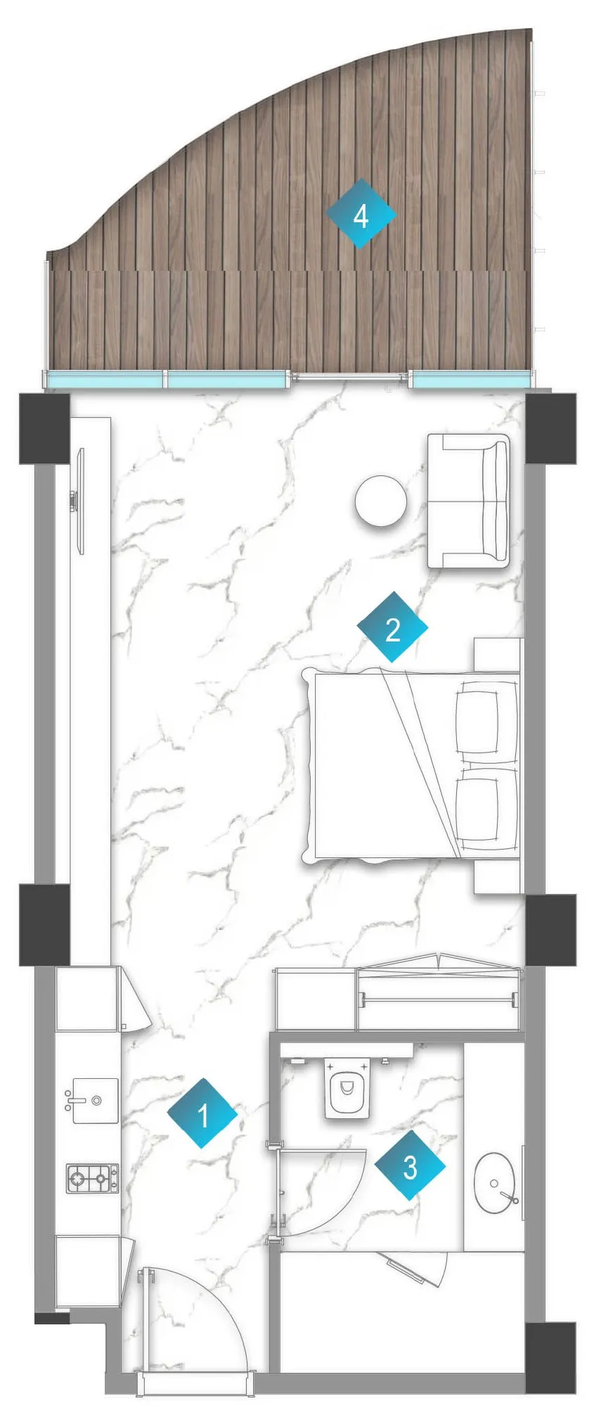 Aqua Arc Studio floor plan, 638 sqft