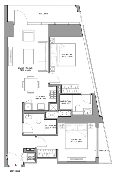 The Eden at Sobha Central 2 bed floor plan, 957 sqft