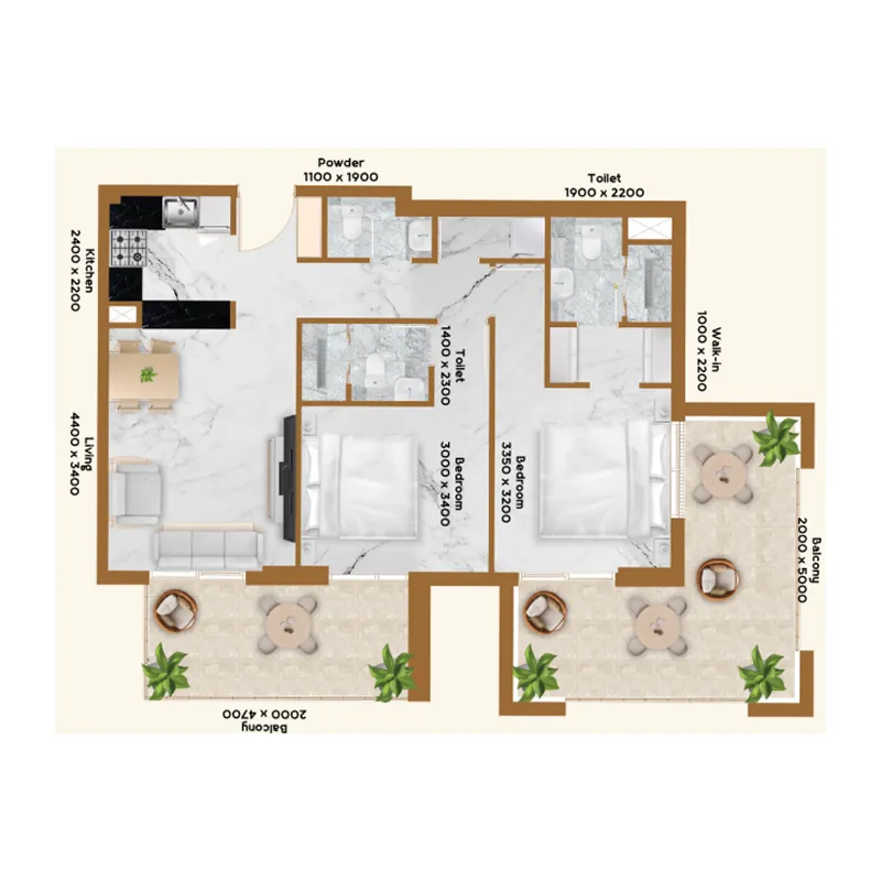 RR Residence 2 bed floor plan, 1,133 – 1,151 sqft