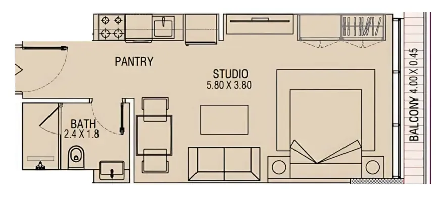 Brand Centro Studio floor plan, 377 – 380 sqft
