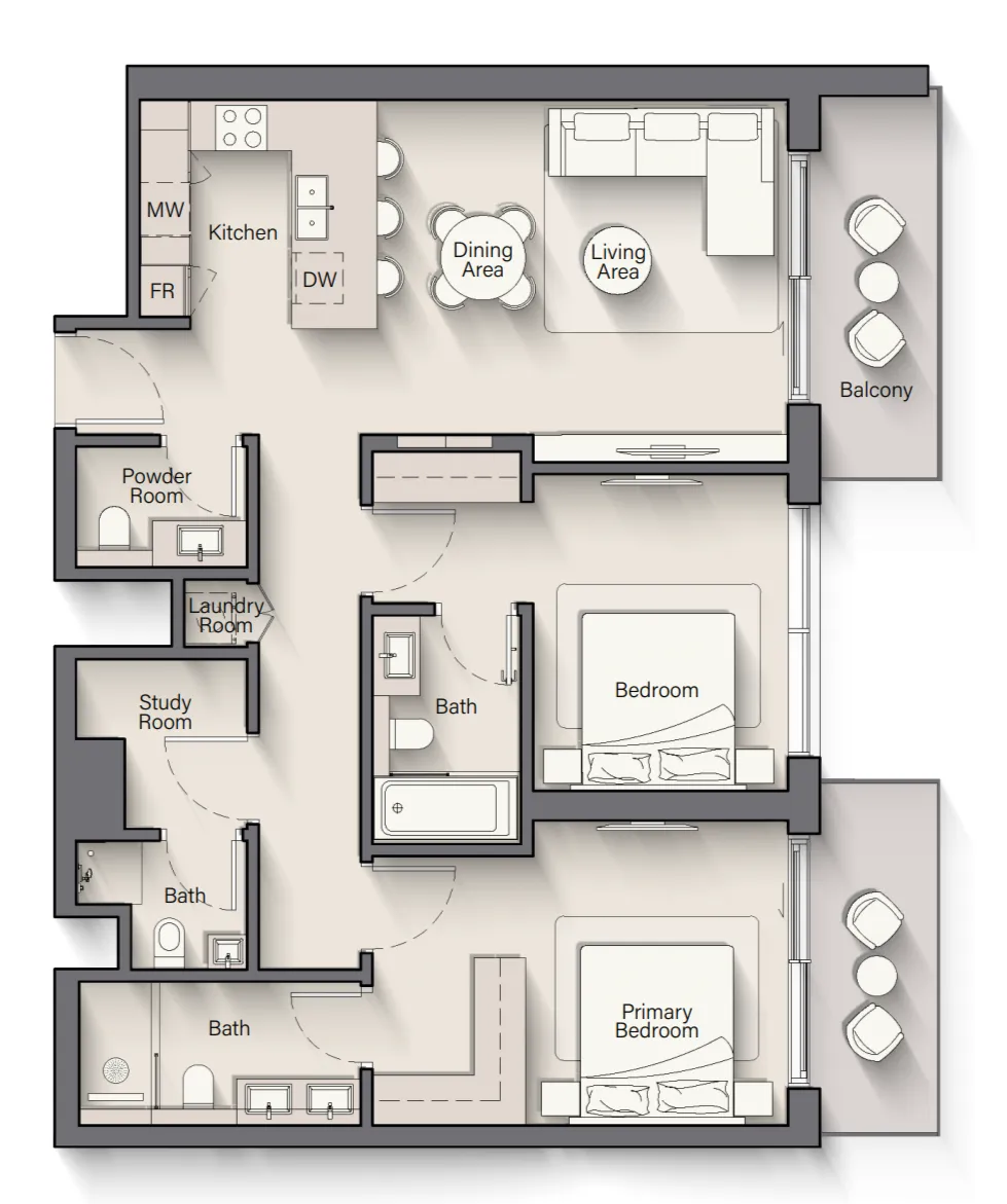 Playa Del Sol 2 bed floor plan, 1,264 – 1,270 sqft