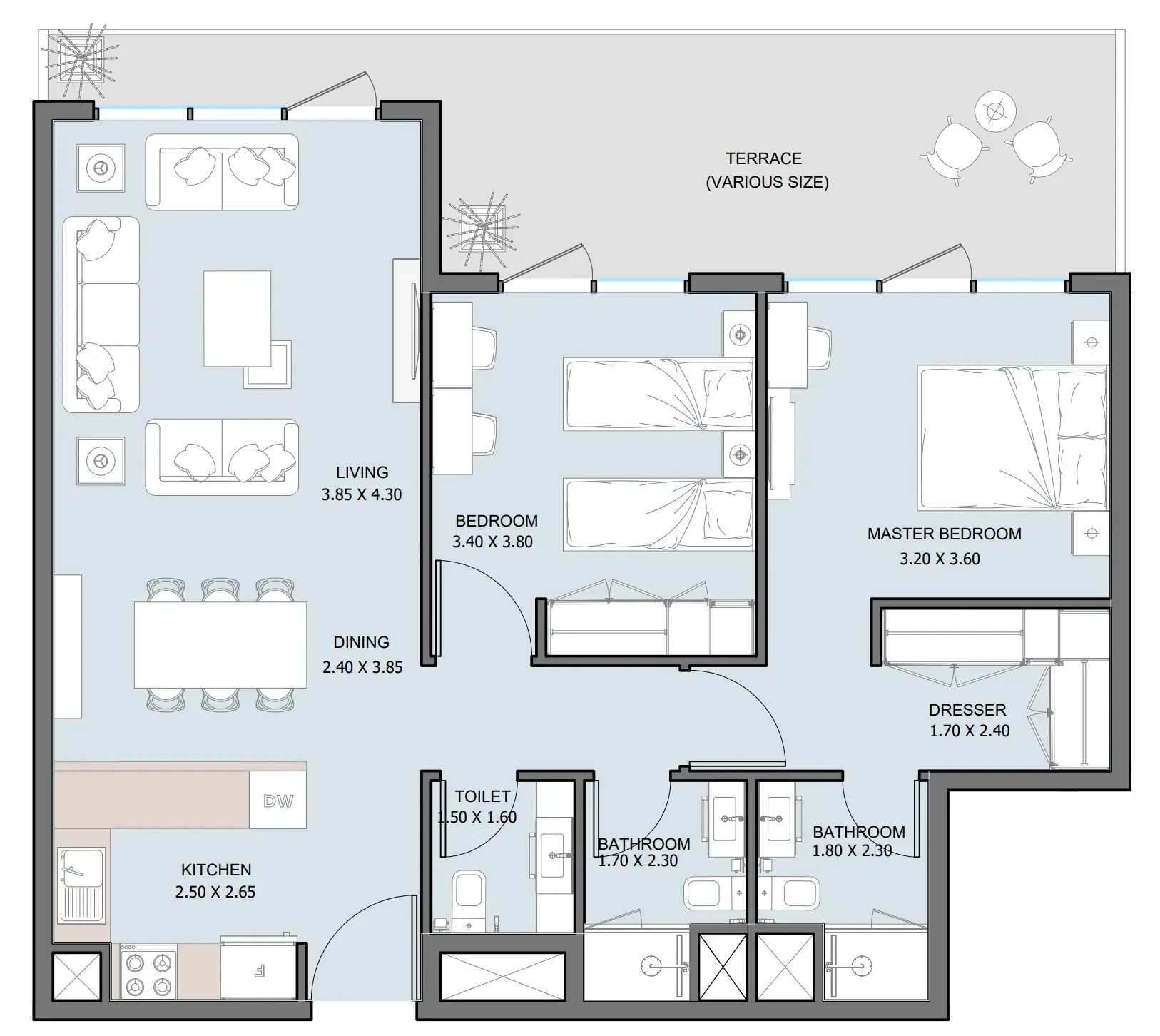 The District 2 bed floor plan, 1,079 sqft