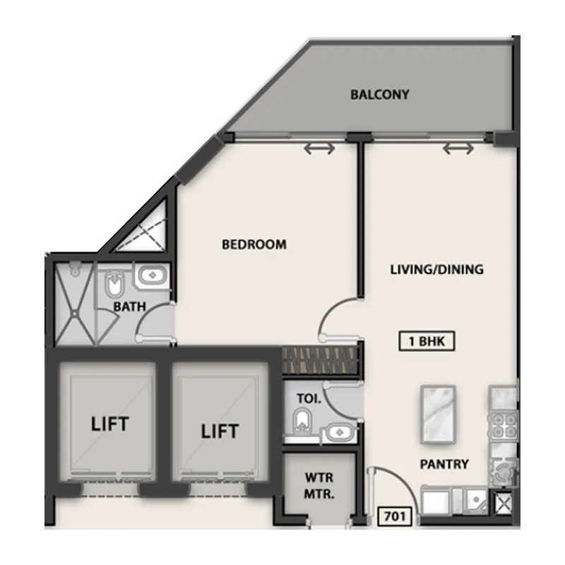 Marquis Galleria 1 bed floor plan, 711 sqft