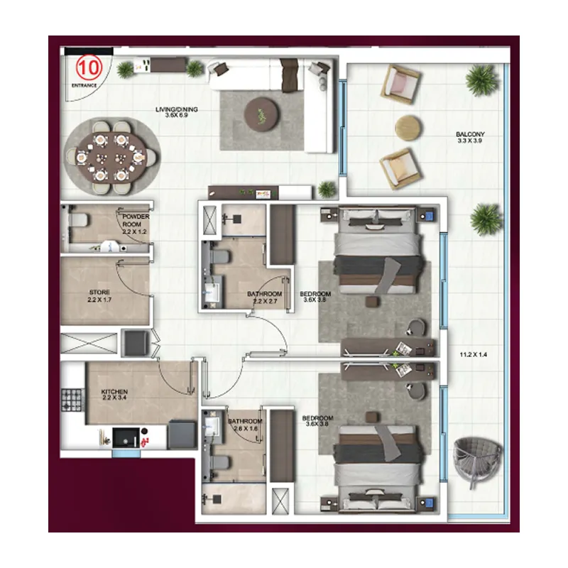 Symbolic Altus 2 bed floor plan, 1,312 – 1,324 sqft