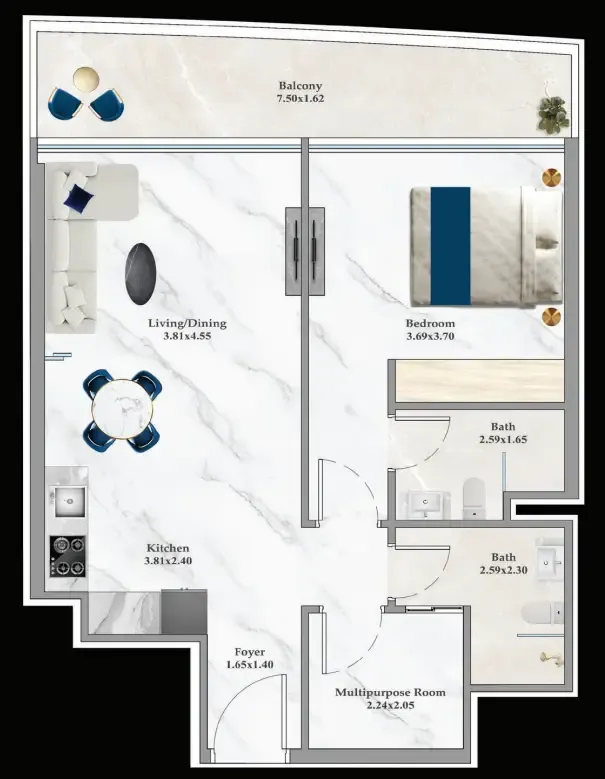 Aspirz 1 bed floor plan, 749 sqft