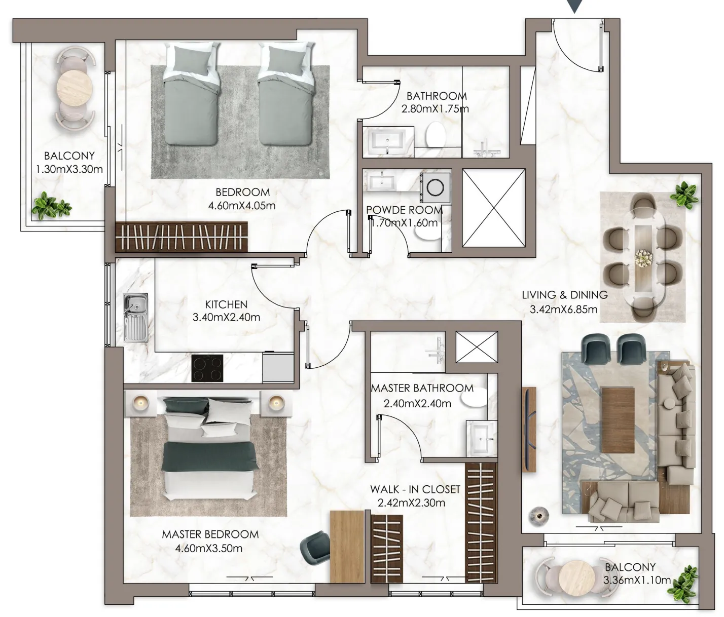 Ajman Pearl Tower 2 bed floor plan, 1,777 sqft