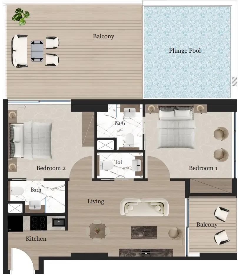 Rijas Suites 2 bed floor plan, 1,075 sqft
