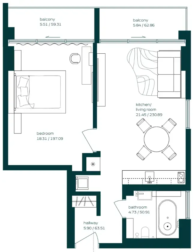 Vibe 1 bed floor plan, 731 sqft