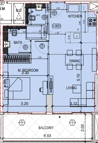 Binghatti Amberhall 1 bed floor plan, 738 sqft