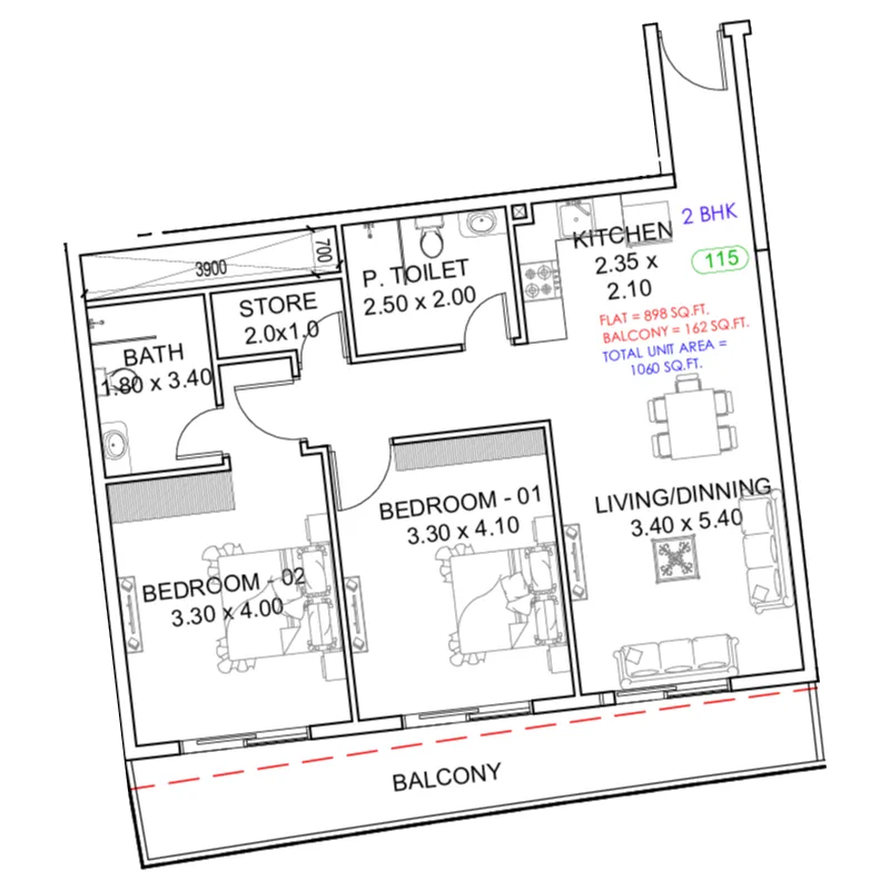 Astra South 2 bed floor plan, 1,019 sqft