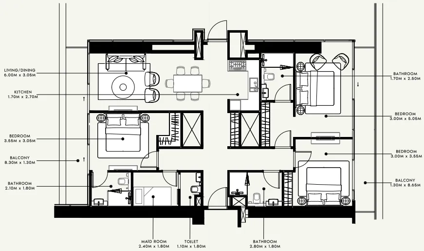 Azizi Milan 3 bed floor plan, 1,372 sqft