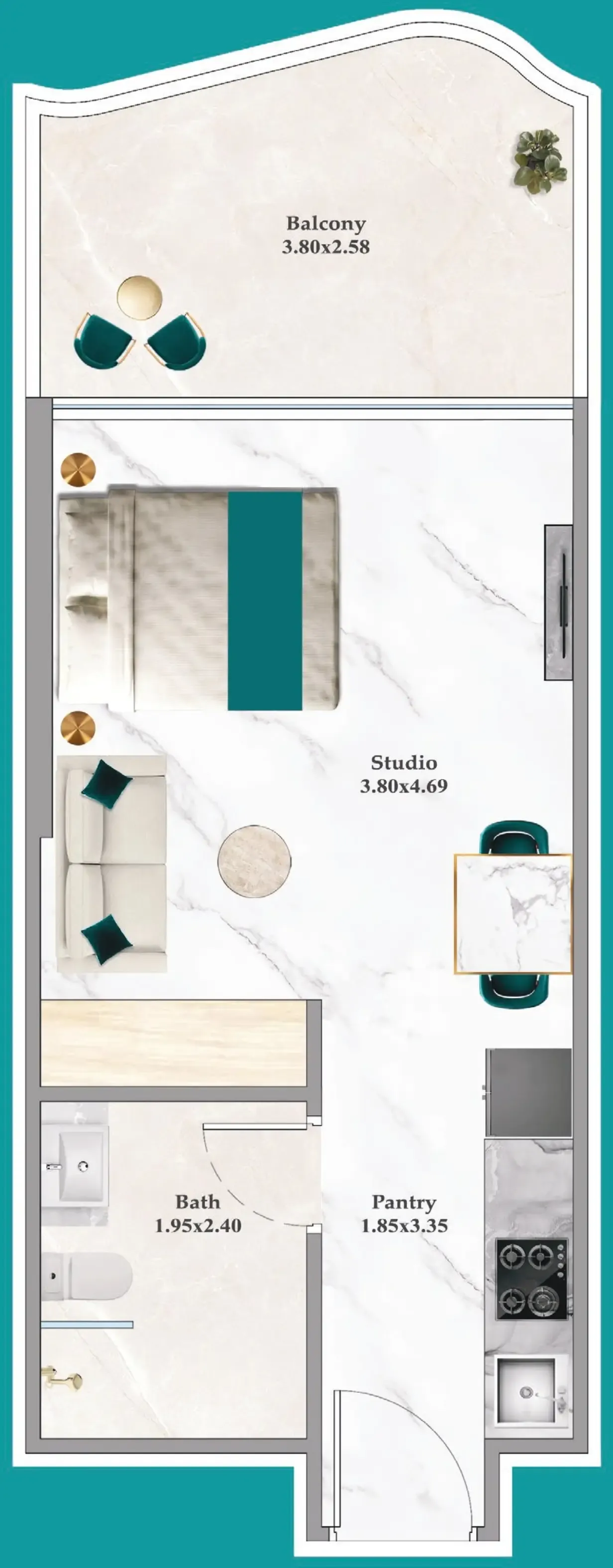 Breez Studio floor plan, 394 – 404 sqft