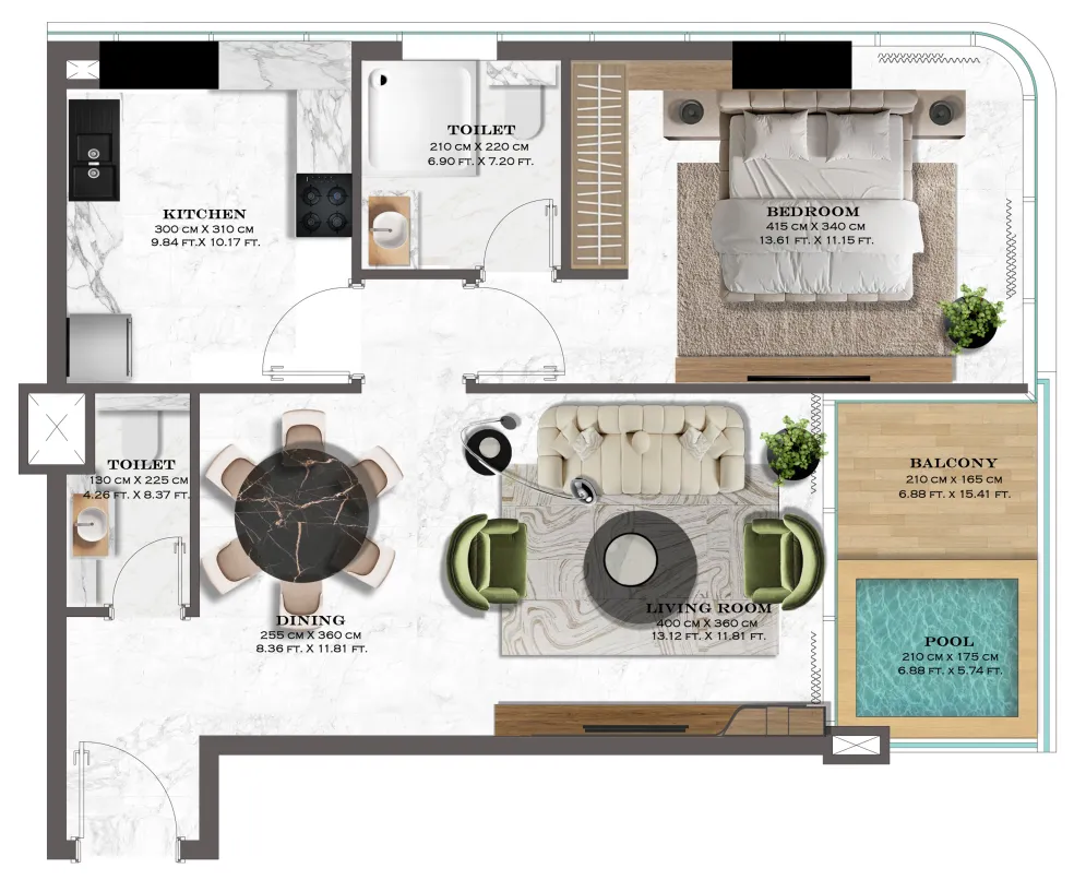 Lazord by Lapis Phases 1 and 2 1 bed floor plan, 808 – 832 sqft