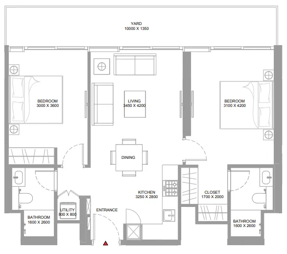 Yachtside Marina Residences 2 bed floor plan, 949 sqft