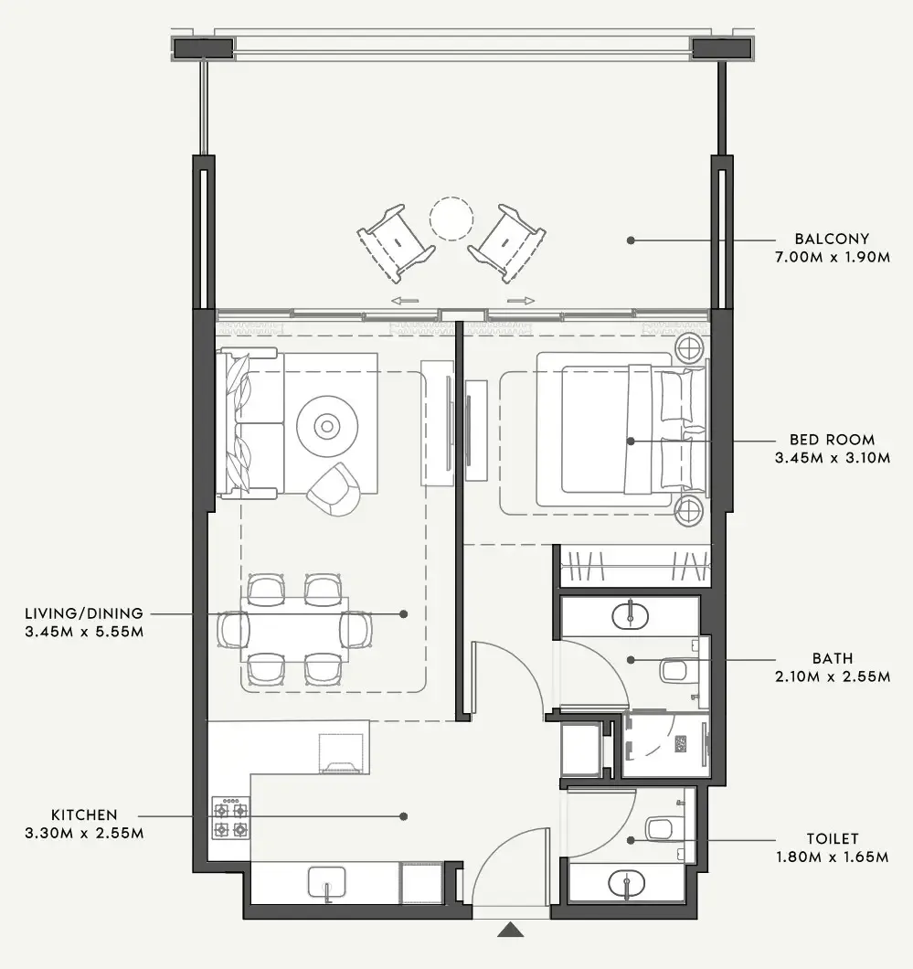 Riviera 58 1 bed floor plan, 912 sqft