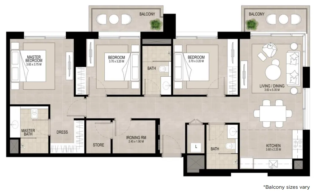 Lana on the Park 3 bed floor plan, 1,408 sqft