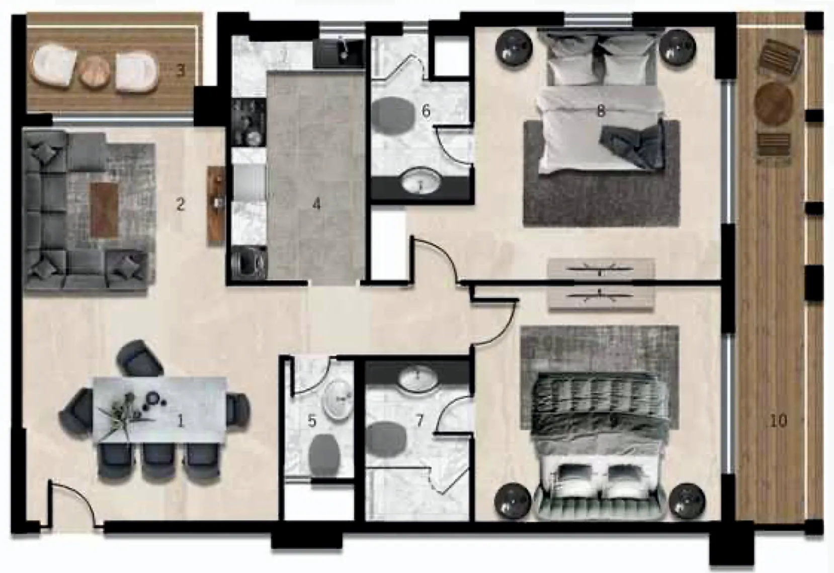 7 Seasons 2 bed floor plan, 1,254 – 1,256 sqft