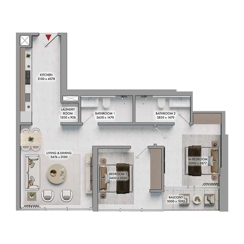 Elmora 2 bed floor plan, 726 sqft