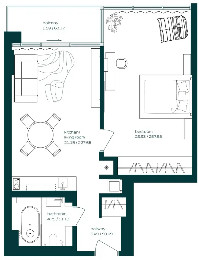 Vibe 1 bed floor plan, 734 sqft
