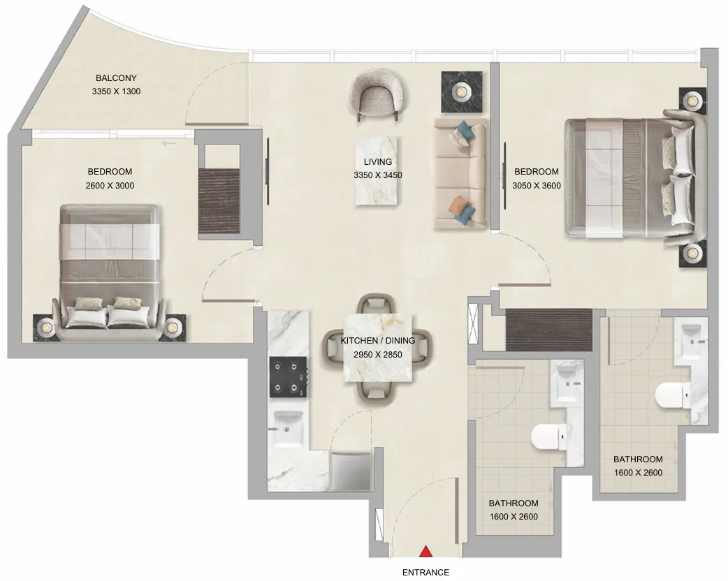 Tranquil Beach Residences 2 bed floor plan, 674 sqft