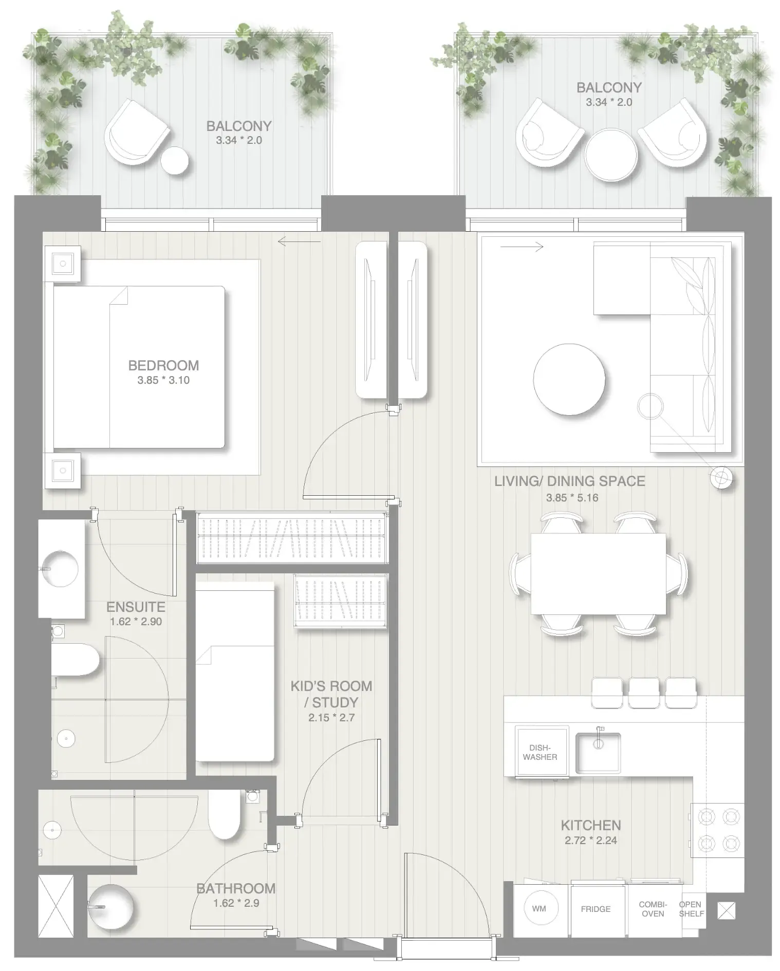 Sol Levante 1 bed floor plan, 843 sqft