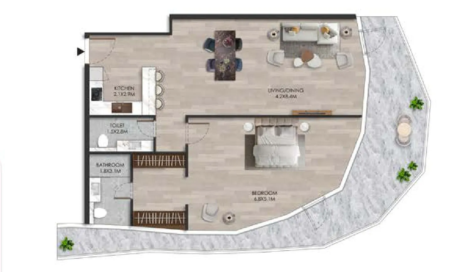 The Beach House 1 bed floor plan, 1,498 sqft