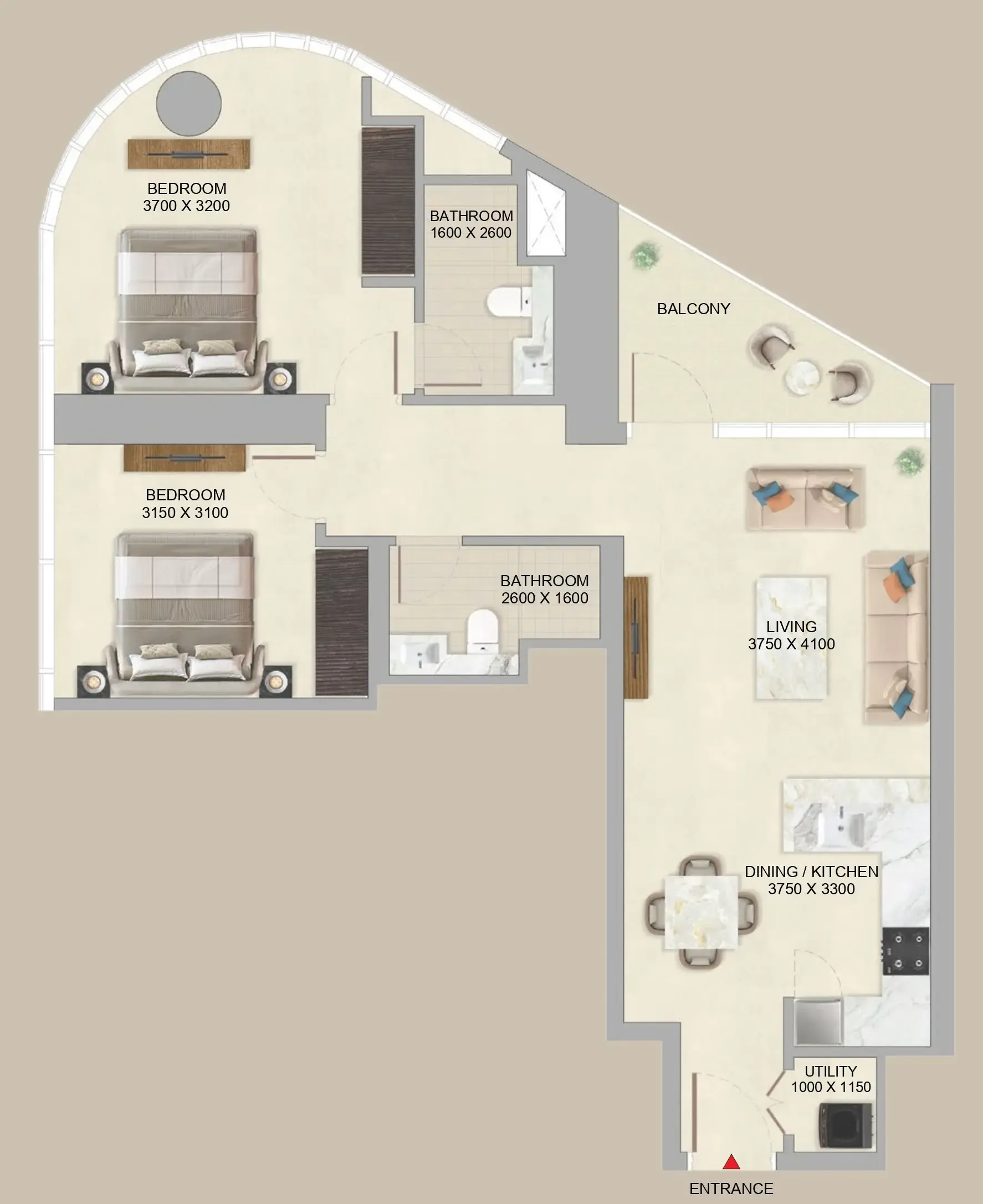 Skyvue Altier 2 bed floor plan, 997 – 1,003 sqft