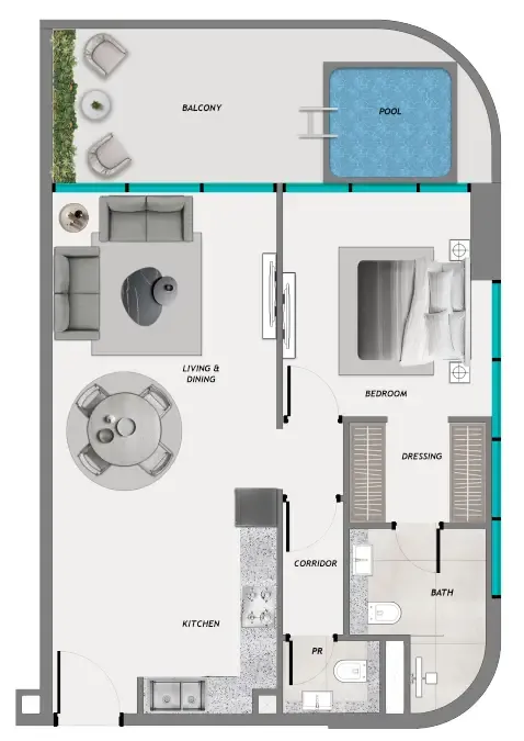 Samana Resorts 1 bed floor plan, 923 – 932 sqft