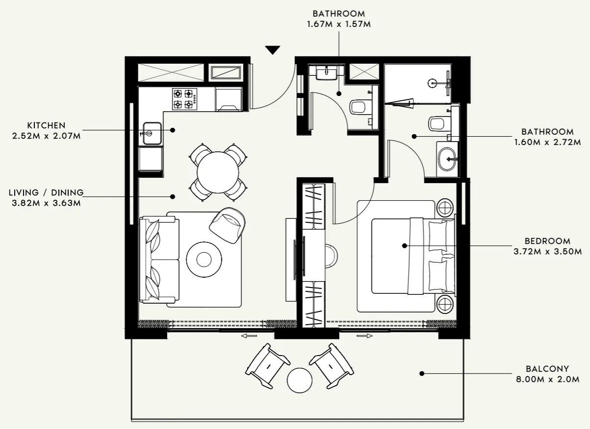 Azizi Venice 1 bed floor plan, 724 sqft