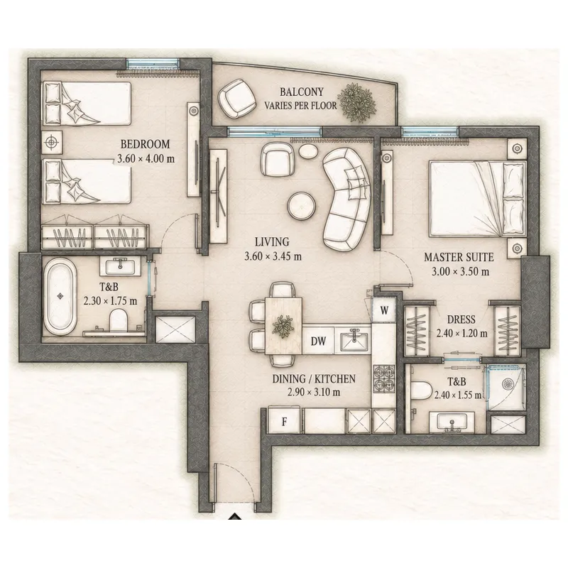 Epoque 2 bed floor plan, 818 – 835 sqft