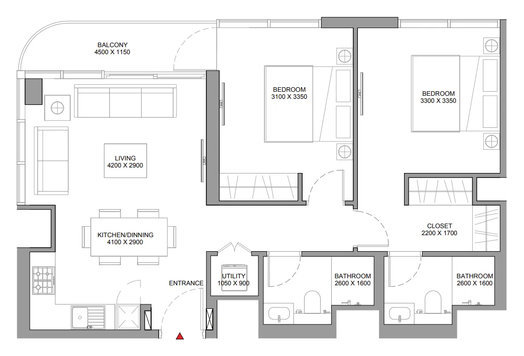 Florine Beach Residences 2 bed floor plan, 864 sqft