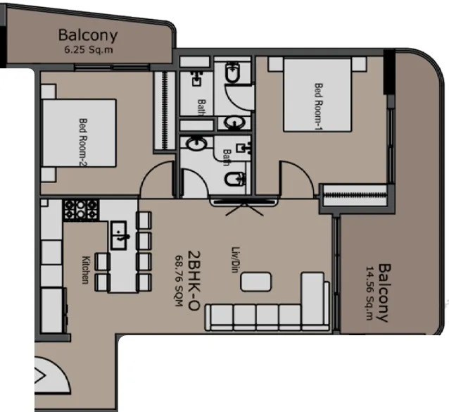 Golden Woods Albab Views 2 bed floor plan, 972 sqft