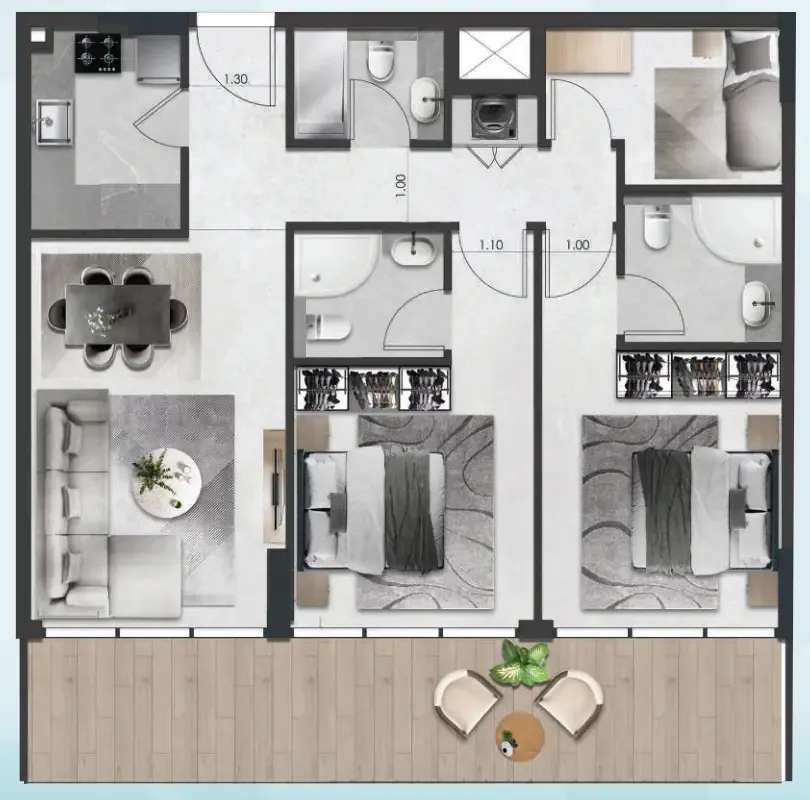 Saray South Residences 2 bed floor plan, 1,107 sqft