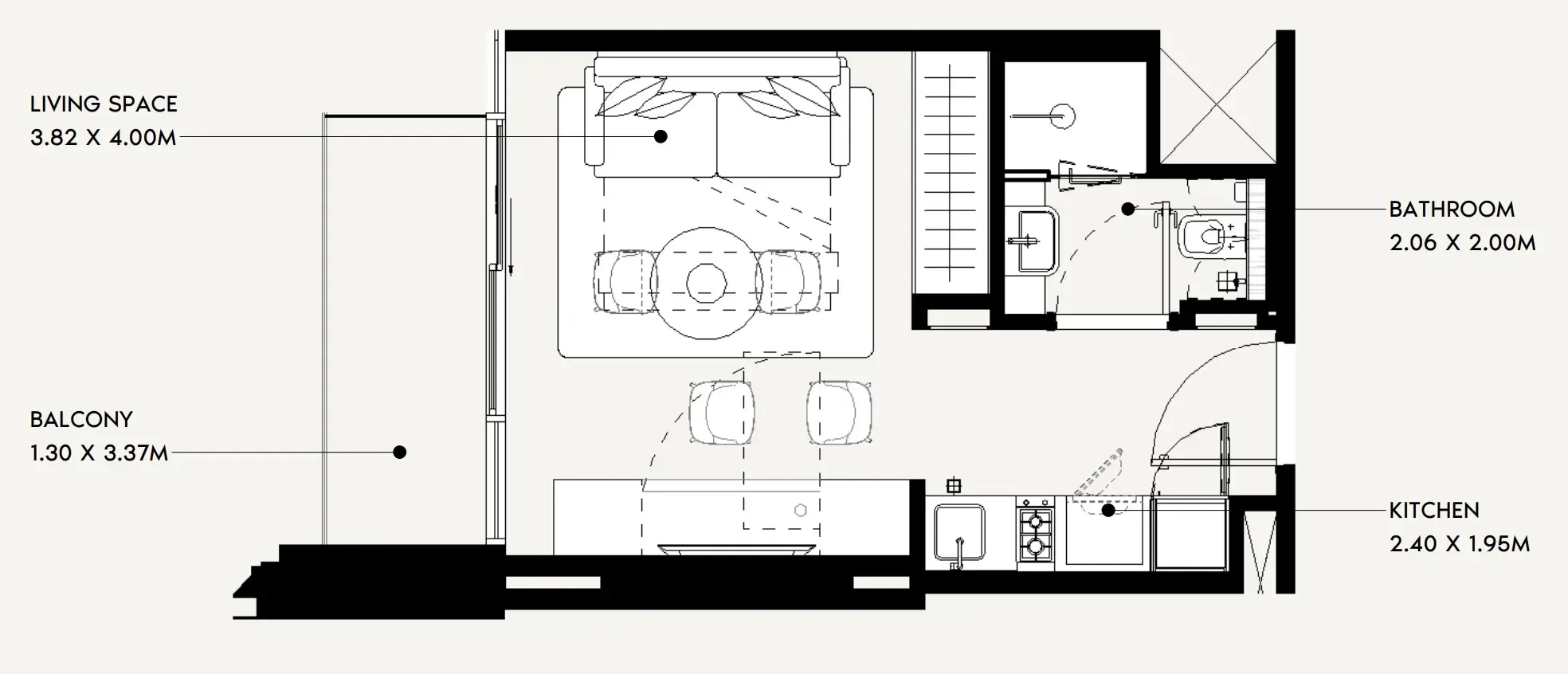 Jaddaf Beach Oasis Studio floor plan, 338 sqft