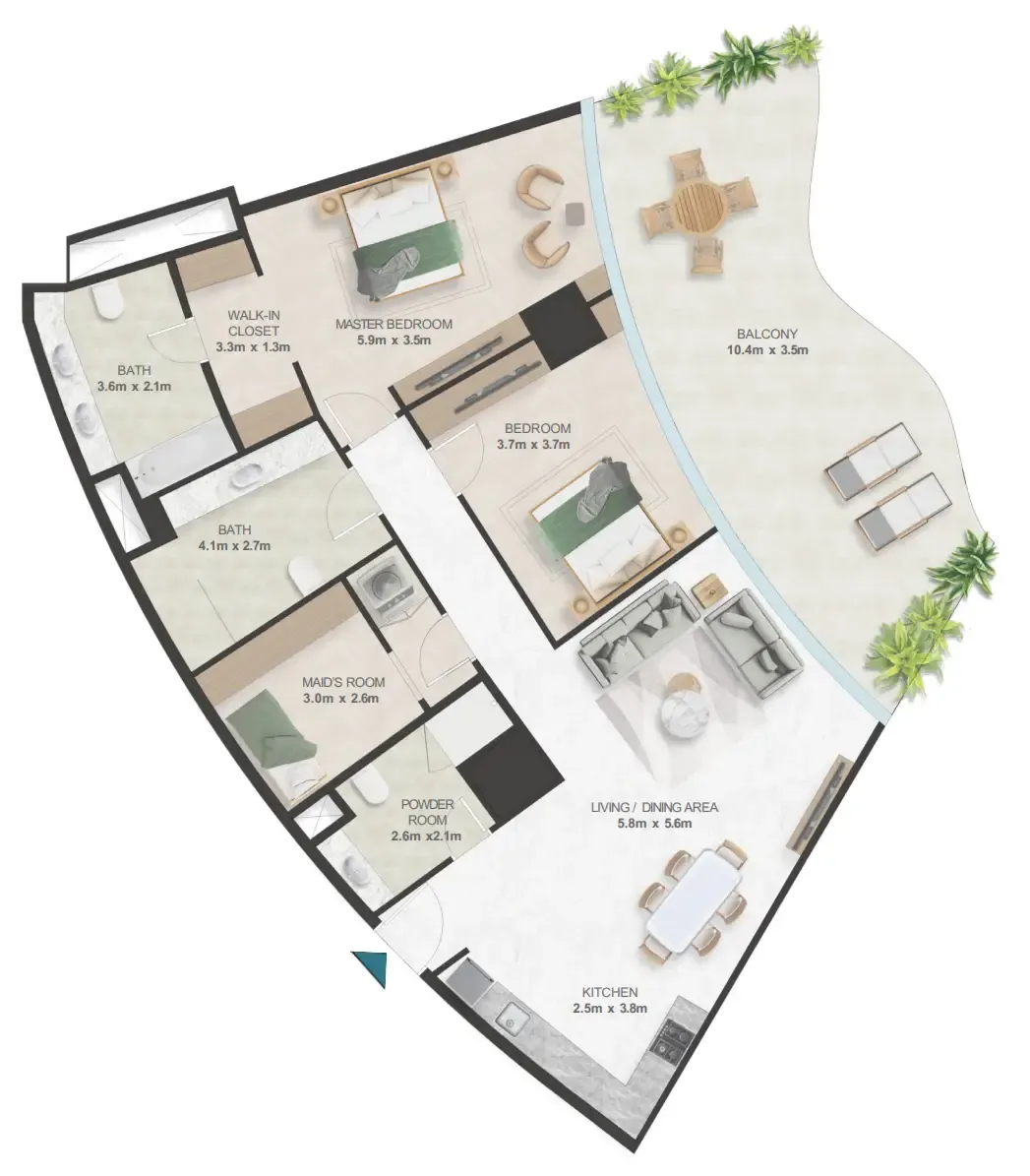 Oystra 2 bed floor plan, 1,863 sqft