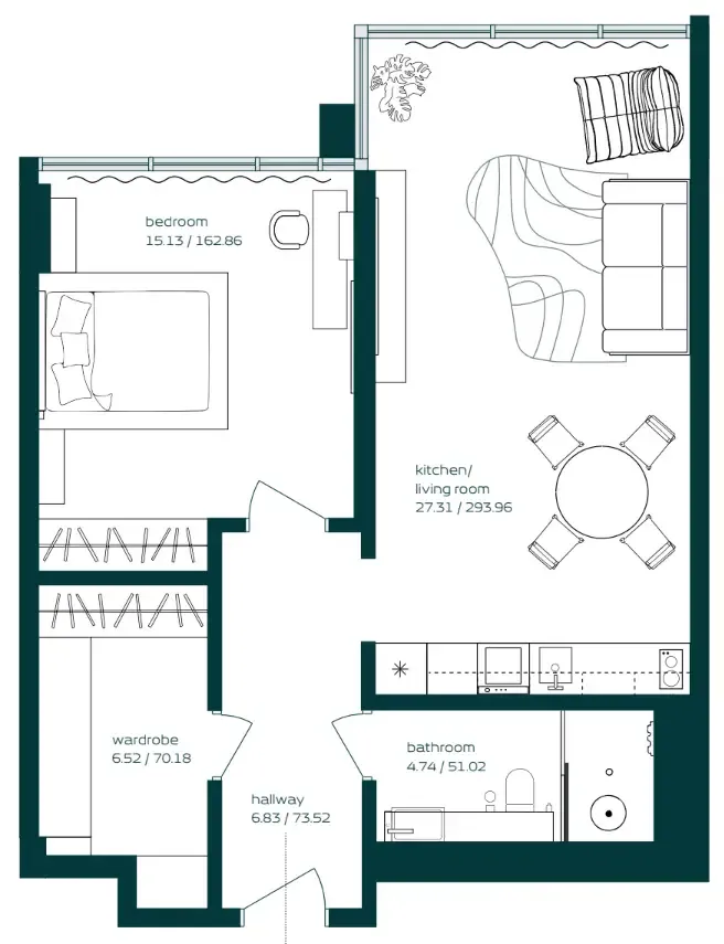 Vibe 1 bed floor plan, 743 sqft
