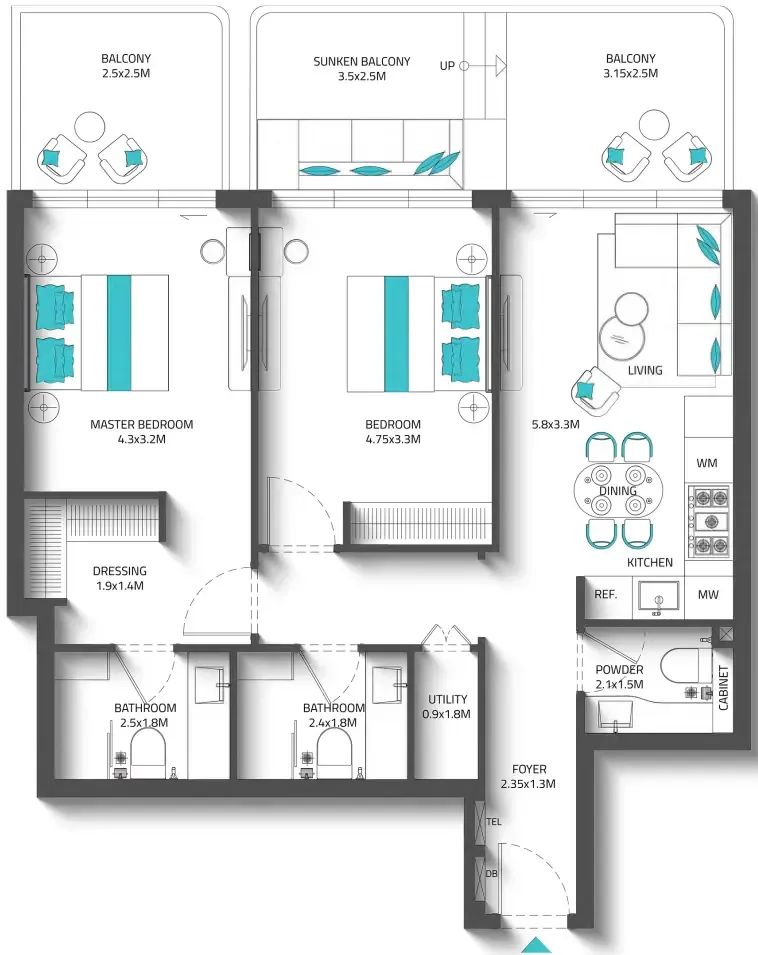 Reef 996 2 bed floor plan, 1,106 sqft