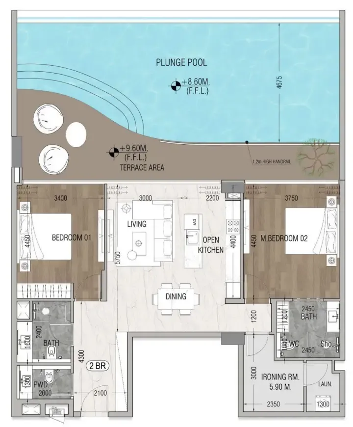 Vue Dorée 2 bed floor plan, 1,946 sqft